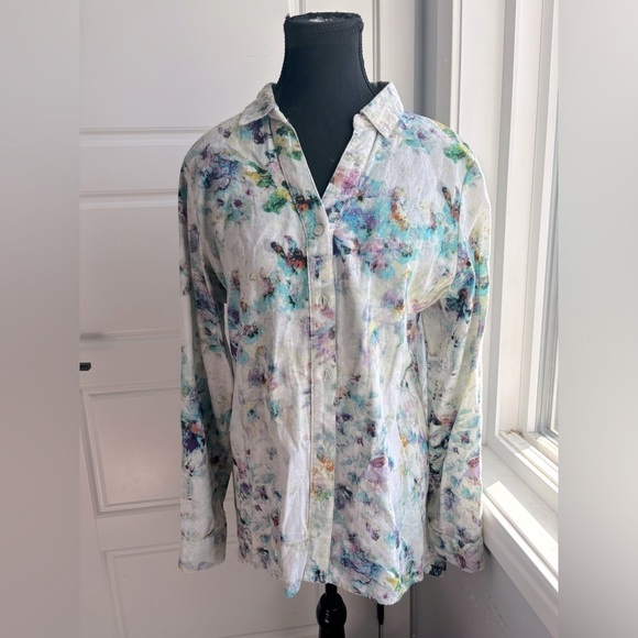 For Cynthia Tops - For Cynthia Linen Blend Button Down Abstract Water Colour Long Sleeve Size M